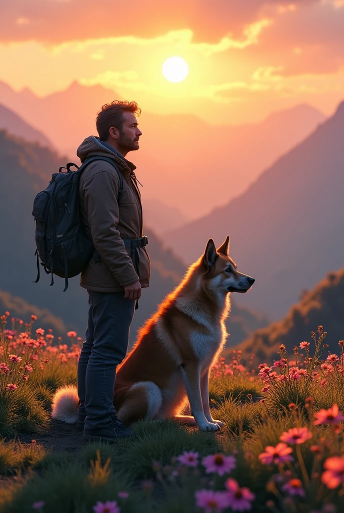 A man with his dog on the top of a mountain with full of flowers and grass watching the sunset