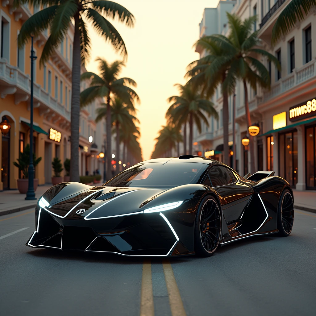A stunning, futuristic car design, parked on a Miami city street. The car is predominantly black with sleek white accents that slightly glow like an electric current. Its unique, aerodynamic shape is both captivating and cutting-edge. The street is lined with classic Miami architecture and palm trees, featuring multi-story buildings with ornate balconies and shops. The sky is a warm, golden hue, and the street is notably empty. A signboard in the background displays the name 'Nwo88' in gold neon, presumably referring to the artist responsible for this breathtaking vision of urban sophistication., photo