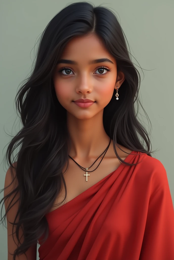 A girl with natural beauty and long hair she is a Kerala girl that girl was zero makeup she is a Christian girl she have a jesus cross pendant in she's neck she have a red saree she was medium sized body she have a small smile she's face shape is square. She have blue eyes