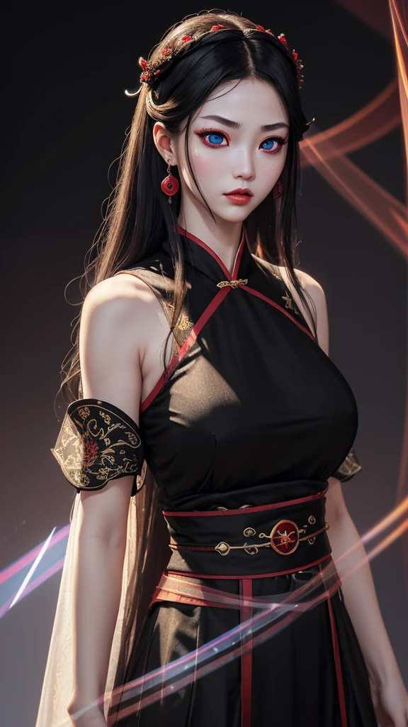 A very beautiful Medusa queen in hanfu, thin red silk shirt many yellow motifs, black la bce top, crown on her head, long hair dyed black , beutiful hair jewellery , pretty and cute face, perfect face, earring jewellery, big red eyes, sharp eye makeup, meticulous eyelash makeup, thin eyebrows, high nose, pretty red lips, no smile, pursed lips, rosy chicks, large breasts, big breasts, well- proportioned breasts, slim waist, read mesh stockings with black border, Chinese hanfu style, fictional art patterns, vivid and realistic colour, row photos, actual photos, ultra high quality 8k surreal photo, cool photo, ( virtual light effect: 1.8) 10x pixel, effect music (background) ( super details eyes: 1.8), (eyelids): red: 1.8 ), (black eye pupil: 1.8) beautiful girl portrait, alone girl, antique hanfu background, looking directly at the audience, wide original image, 8k quality, super sharp, most detailed clear images, detailed bright background,