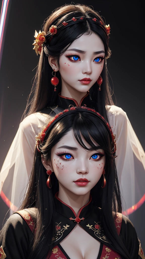 A very beautiful Medusa queen in hanfu, thin red silk shirt many yellow motifs, black la bce top, crown on her head, long hair dyed black , beutiful hair jewellery , pretty and cute face, perfect face, earring jewellery, big red eyes, sharp eye makeup, meticulous eyelash makeup, thin eyebrows, high nose, pretty red lips, no smile, pursed lips, rosy chicks, large breasts, big breasts, well- proportioned breasts, slim waist, read mesh stockings with black border, Chinese hanfu style, fictional art patterns, vivid and realistic colour, row photos, actual photos, ultra high quality 8k surreal photo, cool photo, ( virtual light effect: 1.8) 10x pixel, effect music (background) ( super details eyes: 1.8), (eyelids): red: 1.8 ), (black eye pupil: 1.8) beautiful girl portrait, alone girl, antique hanfu background, looking directly at the audience, wide original image, 8k quality, super sharp, most detailed clear images, detailed bright background,
