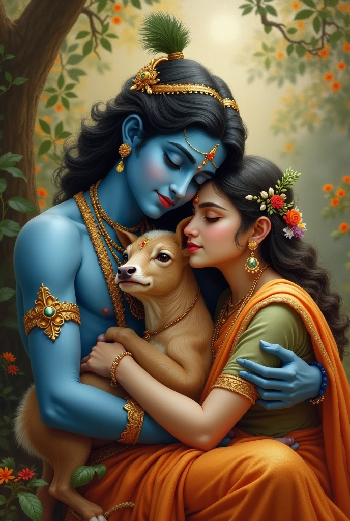 Blue Krishna hugging a cow cub and Radha sleeping in his shoulder 