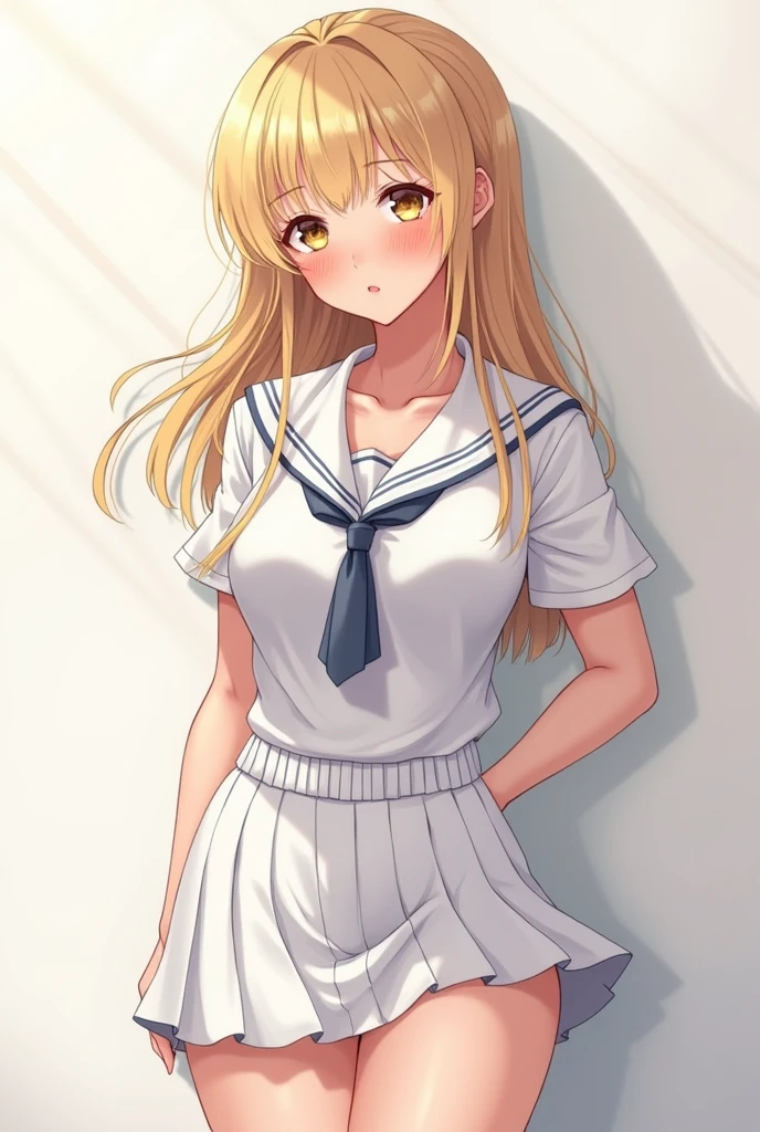 Masterpiece, Anime, A girl, One, Blushing Hard, Pouting cutely, Looking she's trying to get someone attention, Eighteen plus years old girl, White uniform and skirt, gal type, blonde hair, gyaru type, hot and attractive, big oppai, tall and curvy, school girl
