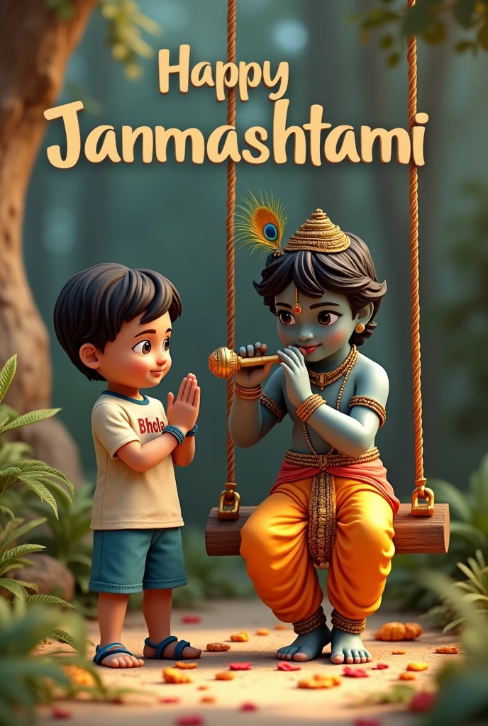 create a 3D realistic picture "A boy is worshiping Shree Krishna and Shree krishna is sitting on a swing and playing flute and "Bhola" is written on the boy's t-shirts and the boy is worshiping and in the background "Happy Janmashtami" is written in bold font clearly, make sure everything should be correct