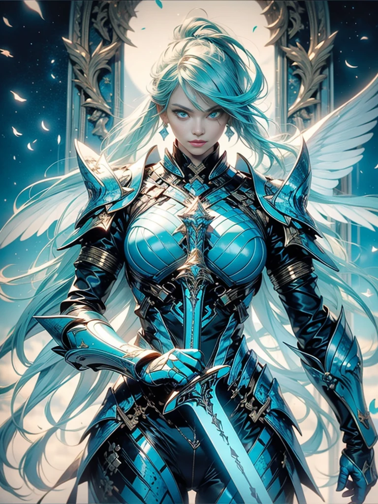 (hailoknight, Solo, 1girl wearing blue armor, beautiful turquoise eyes, long white hair, turquoise wings, holding giant turquoise energy sword infront of her, holding sword:1.3), (simple glowing background:1.25)masterpiece, best quality, wide-angle, Hyperdetailed, masterpiece, best quality, 8k, natural lighting, soft lighting, sunlight, HDR (High Dynamic Range), Maximum Clarity And Sharpness, Multi-Layered Textures