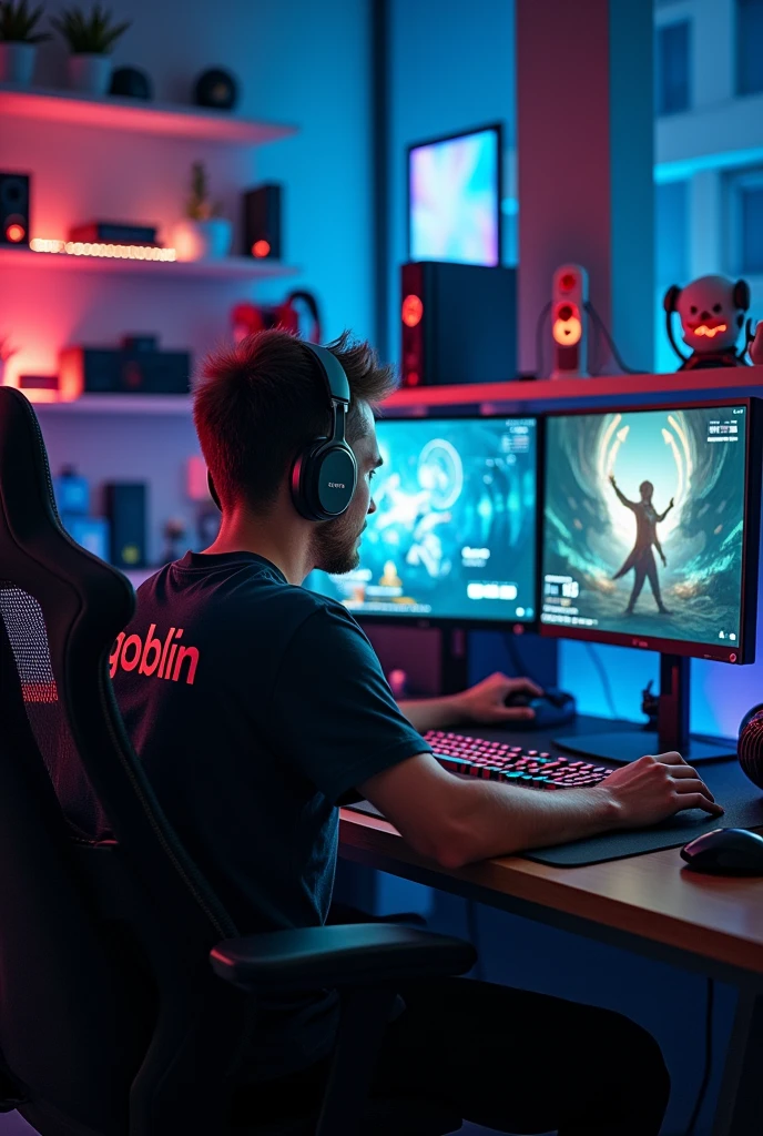 A gamer sitting on his gaming setup and " GOBLIN.. " written on its shirt