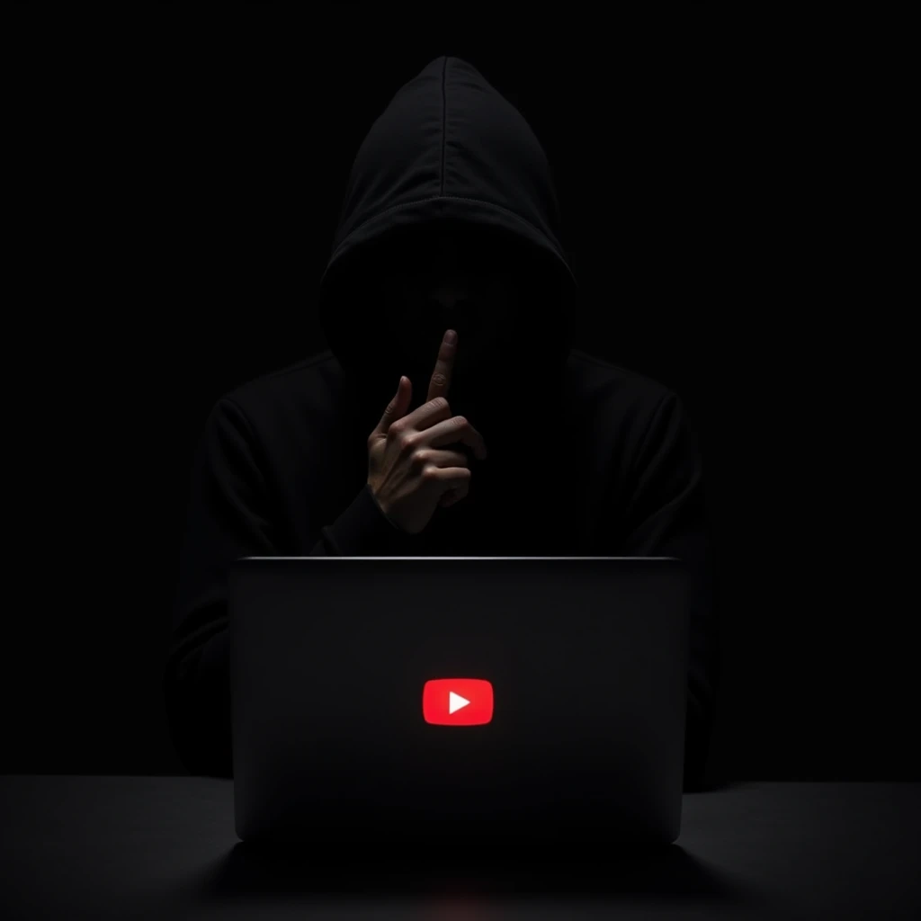 A mysterious figure wearing a dark hoodie, with the hood fully covering their face, is seated directly in front of a laptop. The screen of the laptop prominently displays the YouTube logo. The figure’s face is completely hidden in shadow, adding to the sense of secrecy and anonymity. The person is holding a finger to their lips, signaling silence, which adds an ominous and secretive atmosphere. The background is completely dark, making the figure and the laptop the focal points of the image, with the only light source coming from the laptop screen."