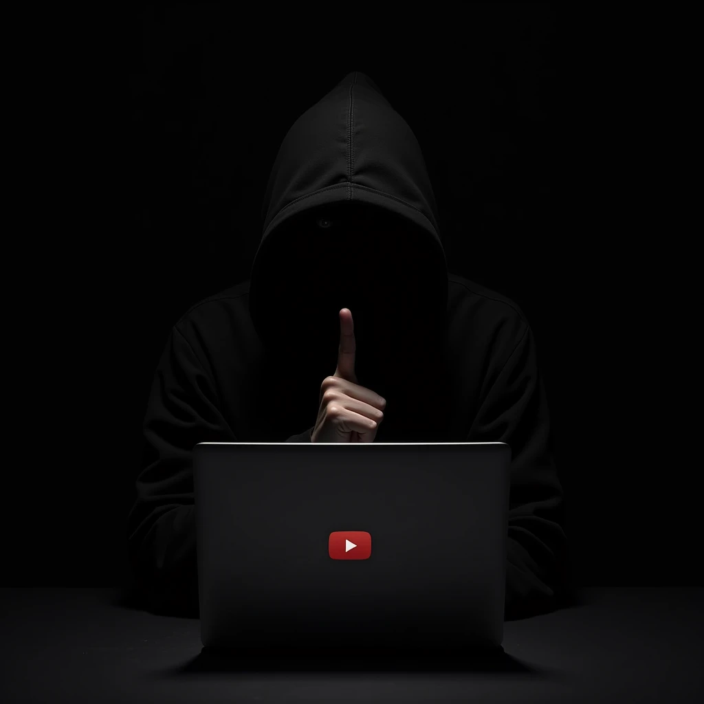 A mysterious figure wearing a dark hoodie, with the hood fully covering their face, is seated directly in front of a laptop. The screen of the laptop prominently displays the YouTube logo. The figure’s face is completely hidden in shadow, adding to the sense of secrecy and anonymity. The person is holding a finger to their lips, signaling silence, which adds an ominous and secretive atmosphere. The background is completely dark, making the figure and the laptop the focal points of the image, with the only light source coming from the laptop screen."

