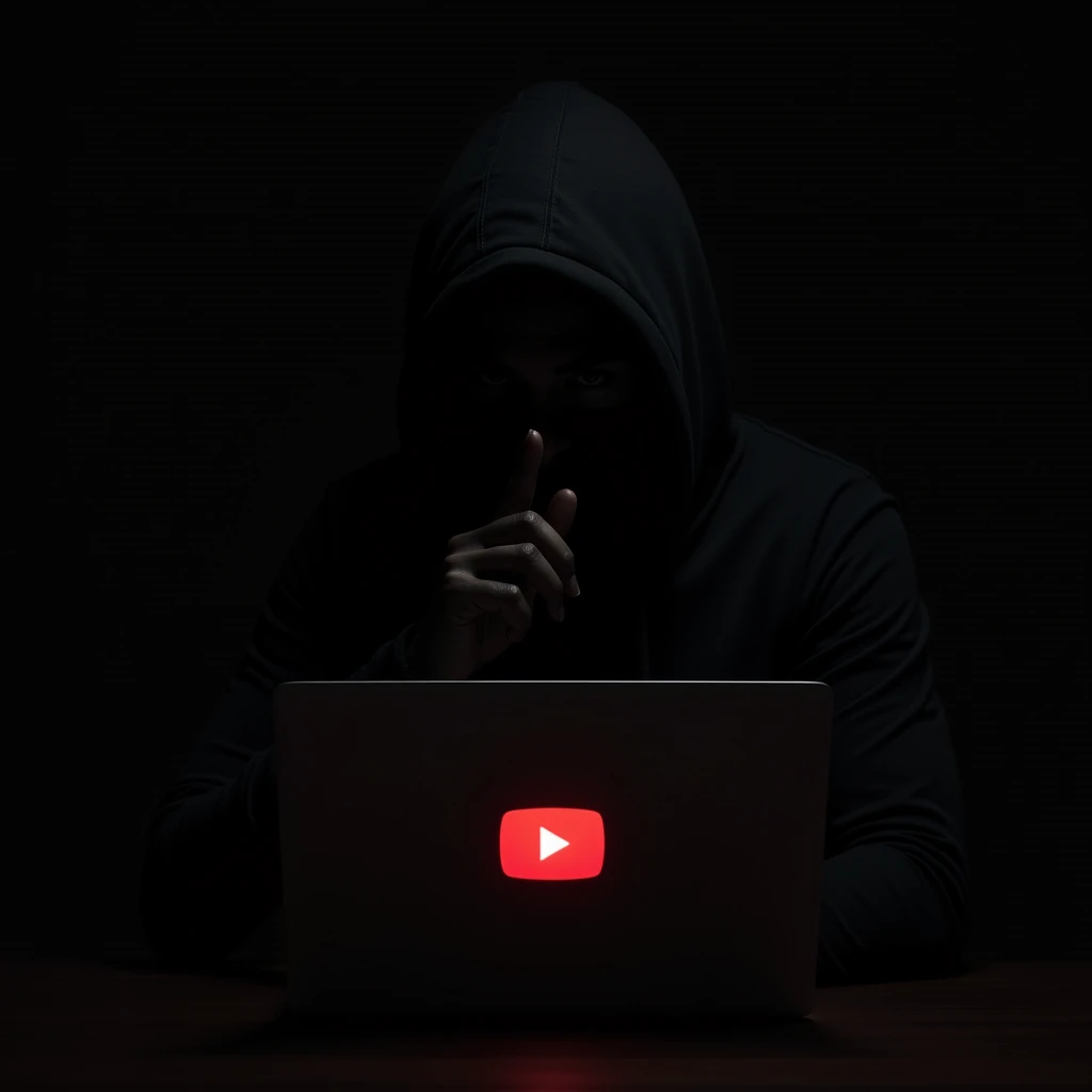 A mysterious figure wearing a dark hoodie, with the hood fully covering their face, is seated directly in front of a laptop. The screen of the laptop prominently displays the YouTube logo. The figure’s face is completely hidden in shadow, adding to the sense of secrecy and anonymity. The person is holding a finger to their lips, signaling silence, which adds an ominous and secretive atmosphere. The background is completely dark, making the figure and the laptop the focal points of the image, with the only light source coming from the laptop screen."

