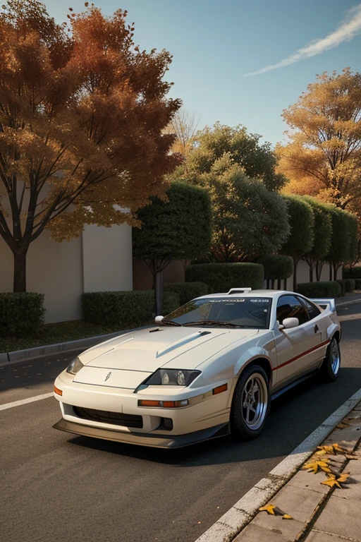 300ZX, white,drift car parked on a street covered with leaves in autumn in a (city:1.3), fall, global illumination, volumetric lighting, best quality, highly detailed, cgi, illustration, octane render,