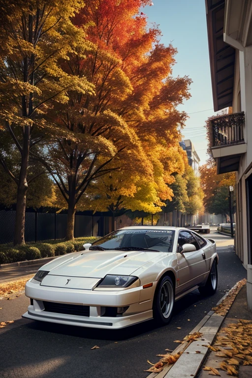 300ZX, white,drift car parked on a street covered with leaves in autumn in a (city:1.3), fall, global illumination, volumetric lighting, best quality, highly detailed, cgi, illustration, octane render,
