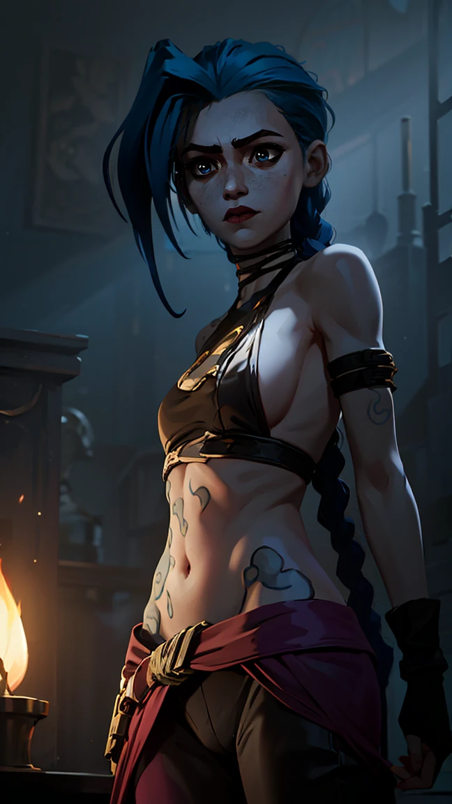 (masterpiece, Best quality), 1 girl, portrait very detailed face, very sexy, full length (full body 1.1.), back to the viewer, pale skin, full length (Whole body 1.1.), Crazy look, smile, pink tears, (tears on the cheeks, tears from eyes,) очень female, fighting stance, combat, neon lettering, explosions, darkness, fog, beautiful waist, gloomy composition, flame, fire, Flash, very beautiful, female, long hair, hair braided in long braids, very sexy, skinny leather pants, Focus on the eyes, emphasis on the face, Beautiful face, hands, Kosaed tail, red purple eyes, Jinx is crying, Blue Cloud Tattoo, (masterpiece, Best quality), Side lighting, beautiful detailed eyes, crazy face), (Best quality), (masterpiece), magic photography, impressive lighting, photorealism, Ultra detailed, intimate portrait composition, 1. 4,8 thousand. uhd, aesthetic, cd., a high resolution, 8 thousand., Better lighting, Best shade, Ultra-HD, a high resolution, Sharp Focus, complex background, cinematic lighting, ((landscape view)), block 4K, (Better lighting), ((cinematic lighting)),