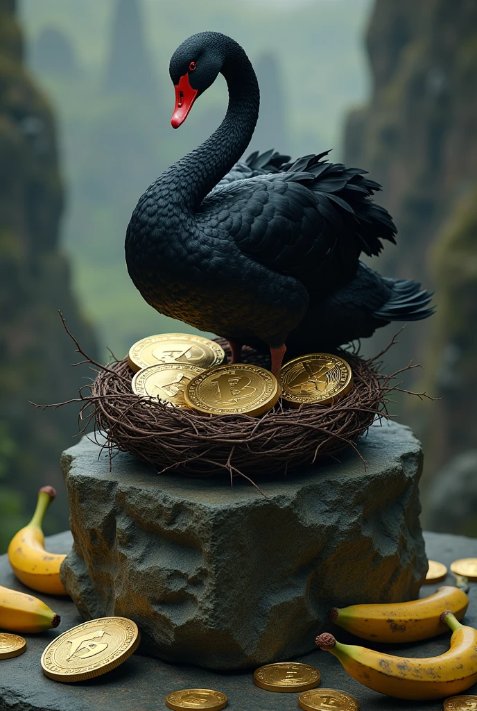 Black swan sitting on a big rock engraved with TRX, and DOGE coins as a nest, poisoned bananas 