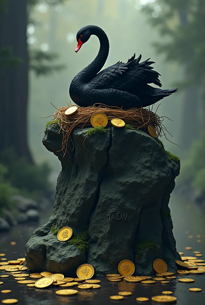 Black swan sitting on a big rock engraved with TRX, and DOGE coins as a nest, poisoned bananas
