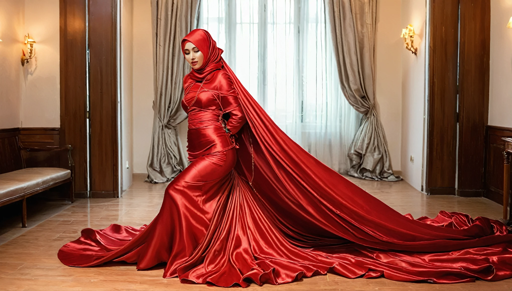 A woman shrouded in a 10-meter-long, plush red satin cloth, tightly bound and grandly draping along the form of her body, flowing off into a pooled floor-length train, styled in a mermaid-inspired outfit, her head modestly veiled in a satin hijab, tall woman, walking in room, a full-body pose posing in front of people, captured in a 4k resolution, ultra-realistic