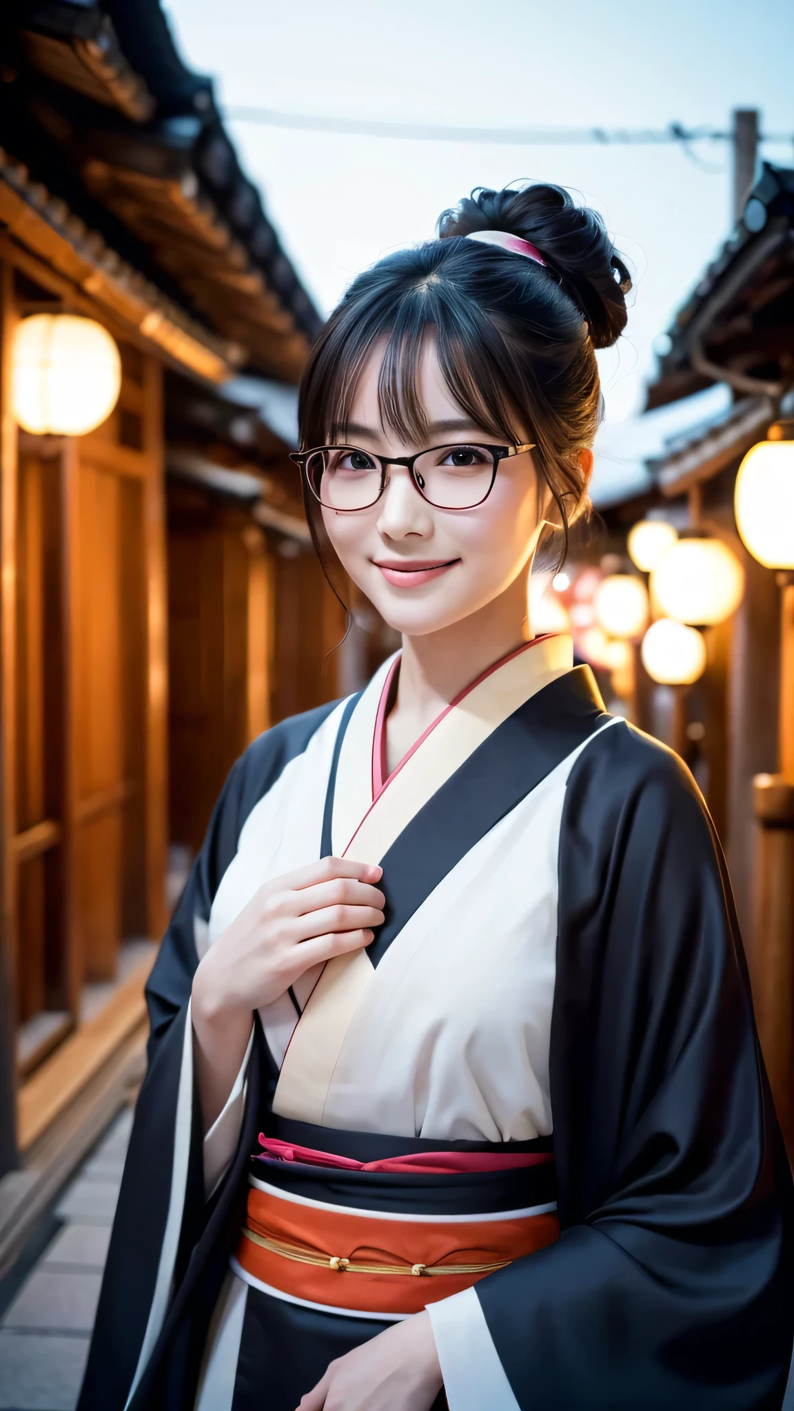 (Super beautiful woman in kimono)、((highest quality、8K masterpiece:1.3))、sharp focus:1.2、(super beautiful face:1.0)、(shiny skin:1.0)、realistic pictures、black hair、video lighting、High resolution eyes and face、video lighting、japanese actress、from the front、big breasts、with a happy smile、Slender abs beauty、whole body、wearing a kimono、in Kyoto、(((luxury obi)))、In Kyoto at night、wearing glasses with no edge、with a fan、Fireworks Display
