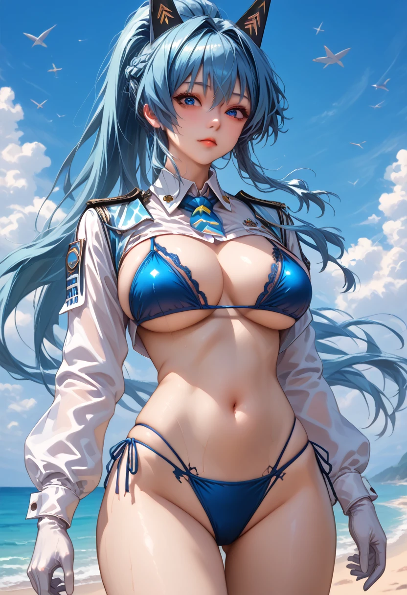 helm_\(aqua_marine\)_\(nikke\), helm_\(nikke\), 1girl, blue_hair, highres, blue_eyes, blue_bikini, long_hair, large_breasts, white_gloves, ponytail, absurdres, official_alternate_costume, thighs, bikini_under_clothes, long_sleeves, white_shirt,score_9, score_8_up,score_7_up, masterpiece, best quality, perfect anatomy, very aesthetic, 8k,