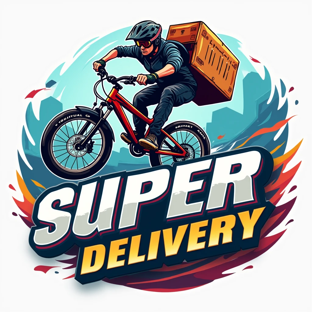 a colorful dynamic BICYCLE DELIVERY logo for "MINI SUPER Q.A ", racing style font, distinctive stunt DELIVERY bicycle logo, extreme sports, bold colors, high energy, dynamic composition, artistically rendered, vibrant, striking, visually captivating, professional design, digitally painted, masterpiece, best quality, 4k, ultra-detailed,HD