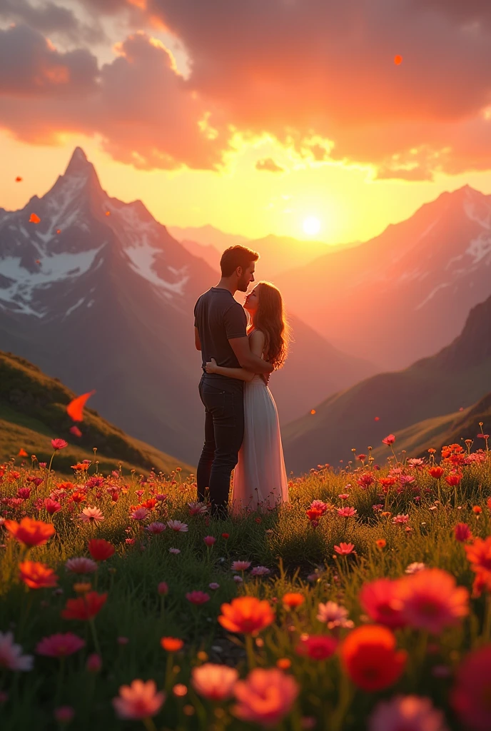 A man with his lover on the top of a mountain with full of flowers and grass watching the sunset