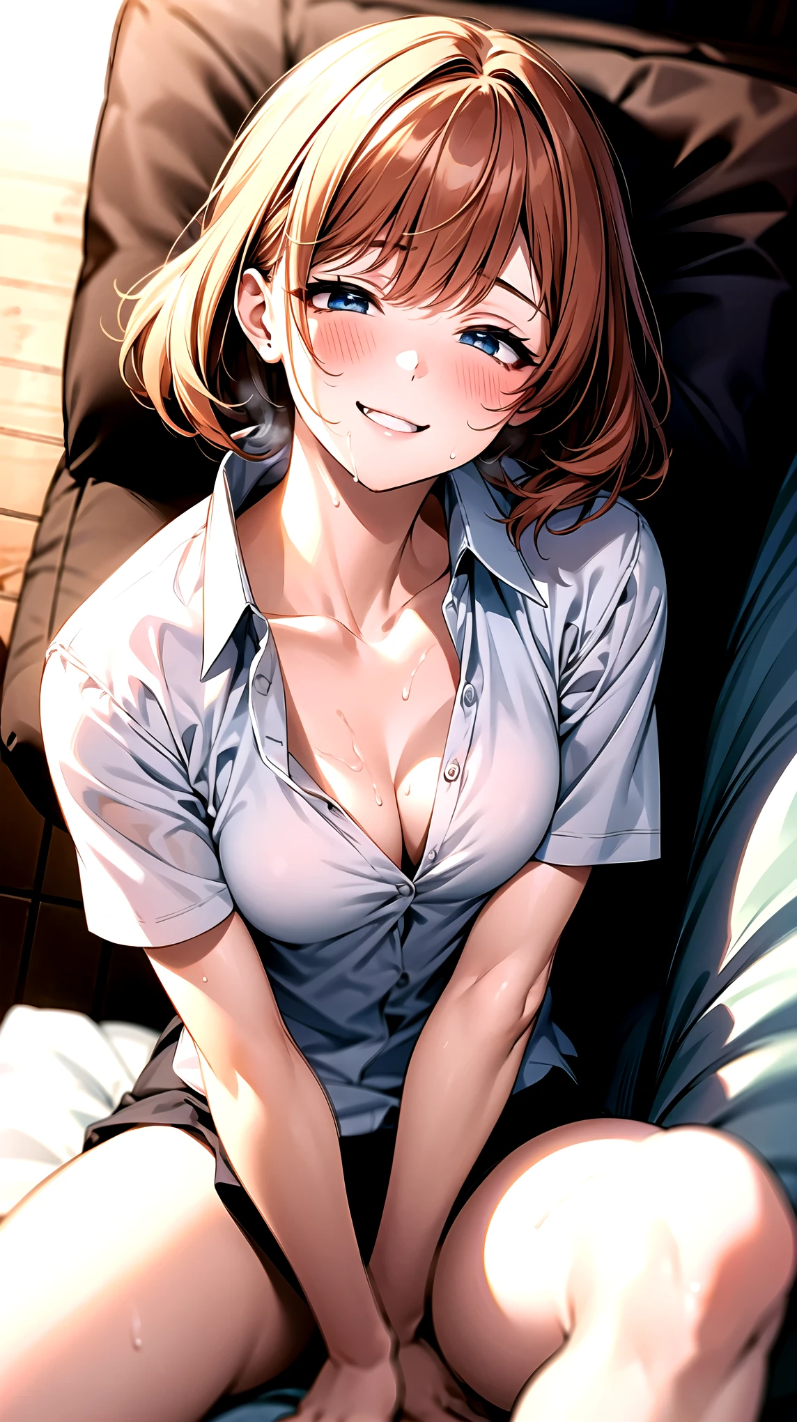 ((super high quality,Ultra-high resolution,16K,super masterpiece,Ultra HD ,Detailed shading,))One mother,popped Tight collar White shirts,Naked shirt,Cleavage,Folded sleeves,Not wearing,Provocative smile,blush,A small amount of drooling,Sweaty,Western-style room with morning sunshine,Lying on the sofa,Put your hands between your legs,Love juice,Touching the chest,Shooting from above,