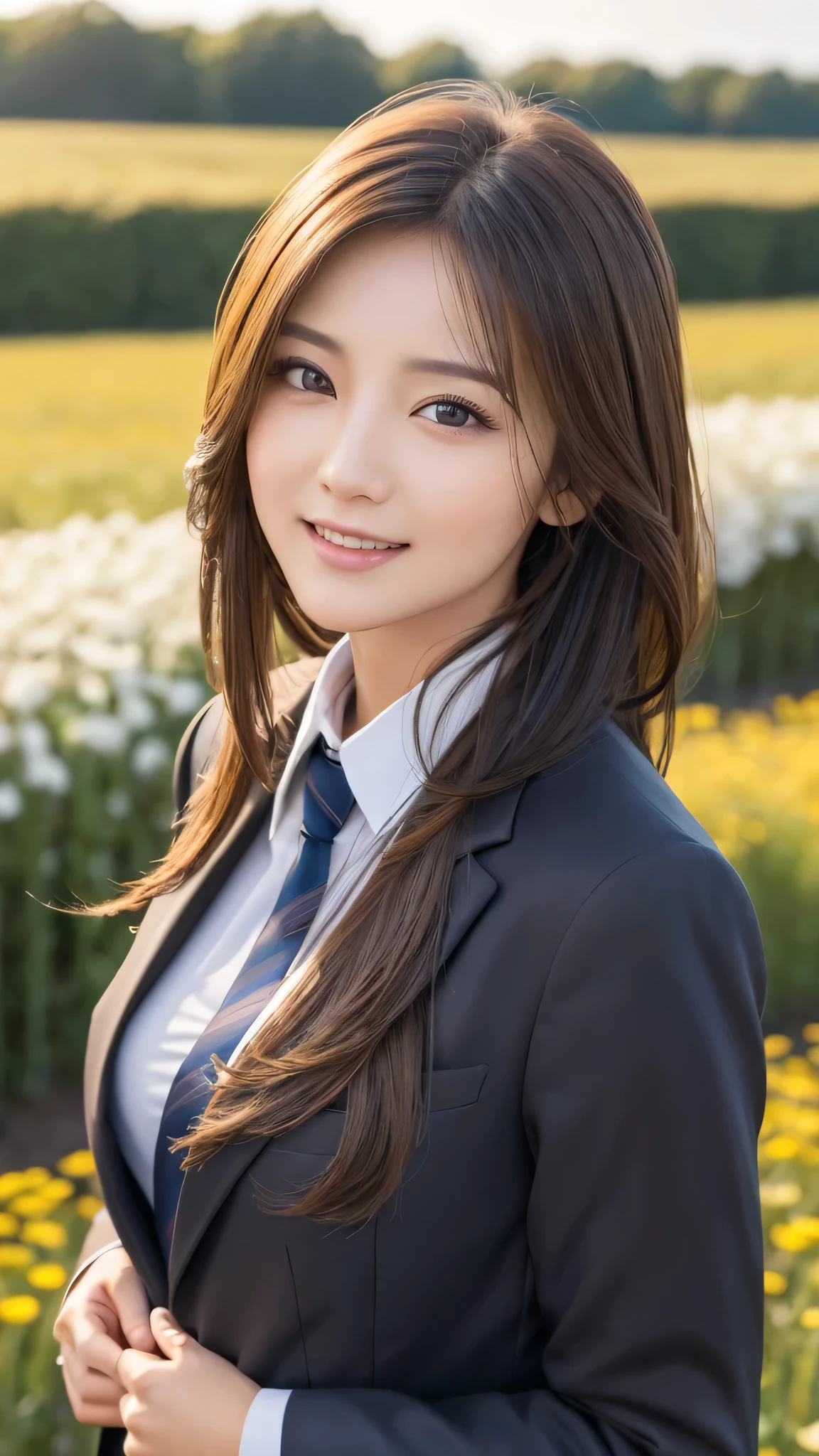 highest quality、genuine、Super detailed、finely、High resolution、8k wallpaper、one beautiful woman、、、light brown disheveled hair、wearing a business suit、sharp focus、perfect dynamic composition、beautiful and detailed eyes、thin hair、Detailed genuine skin texture、smile、model body shape、In a windswept meadow