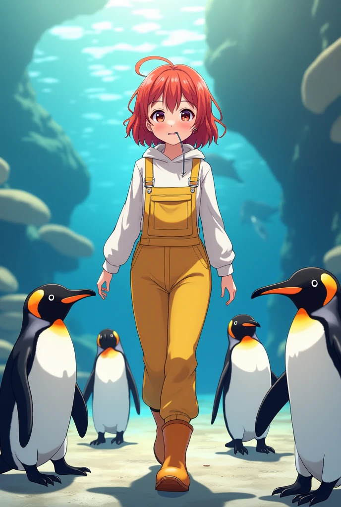 Walking with penguins at the aquarium, cute 20-year-old girl, medium-length red hair, Funny Coverall, looking like she's having fun, holding a whistle in her mouth, wearing rain boots, cute scenery,Japanese anime