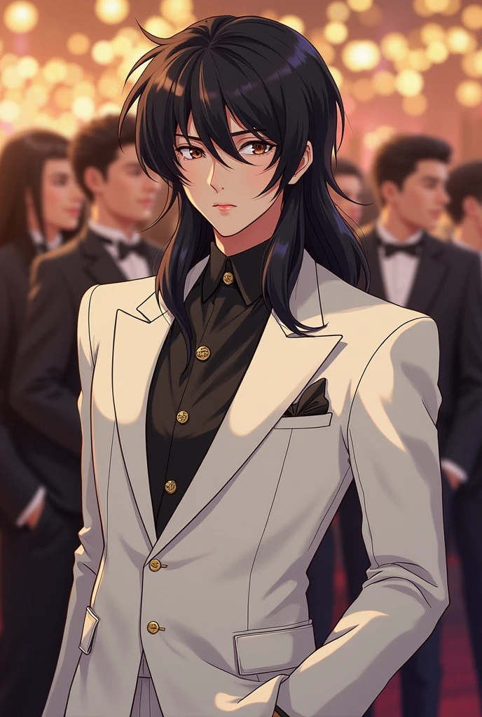 Seiya Kou anime male from the Three Lights group of sailor moon anime from the 90&#39;s dressed in an elegant white suit at an anniversary party 