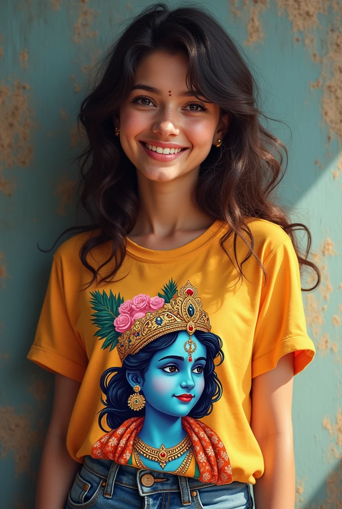 20 yars old  GIRL WEAR THE PRACHI CHUHAN NAME TSIRT WITH KRISHNA 
