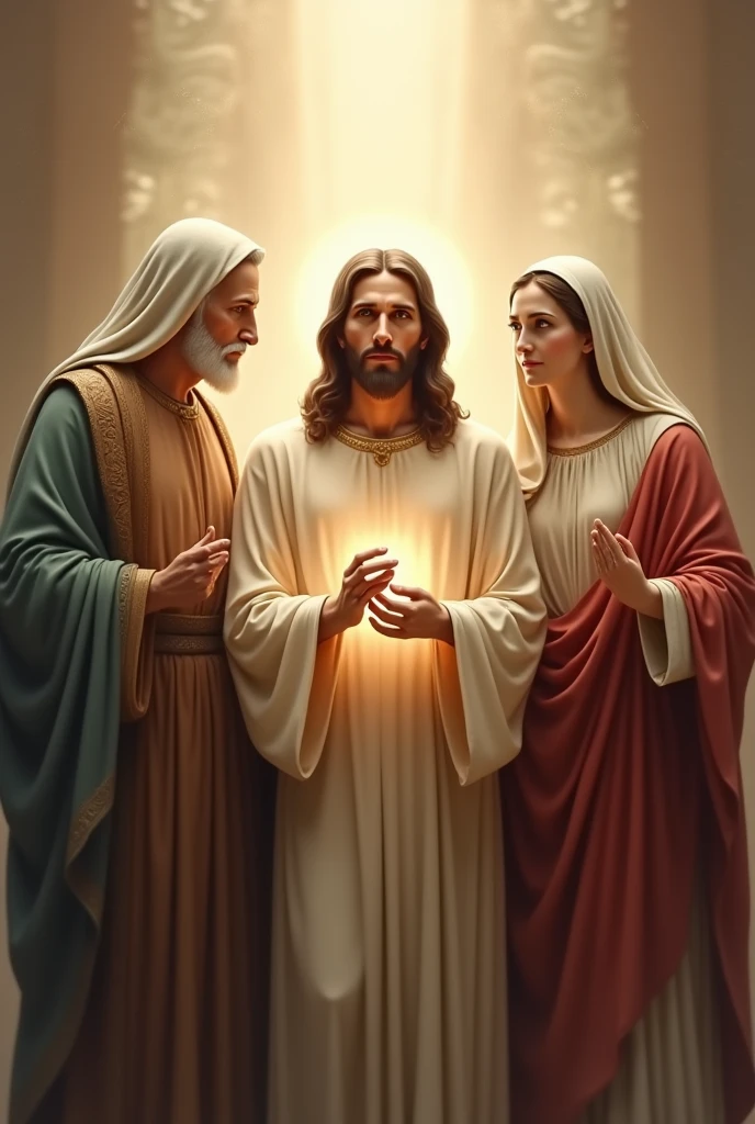 Make me a photo of mother mary, holy spirit, god father, jesus, Very realistic, photo taken using a Nikon camera