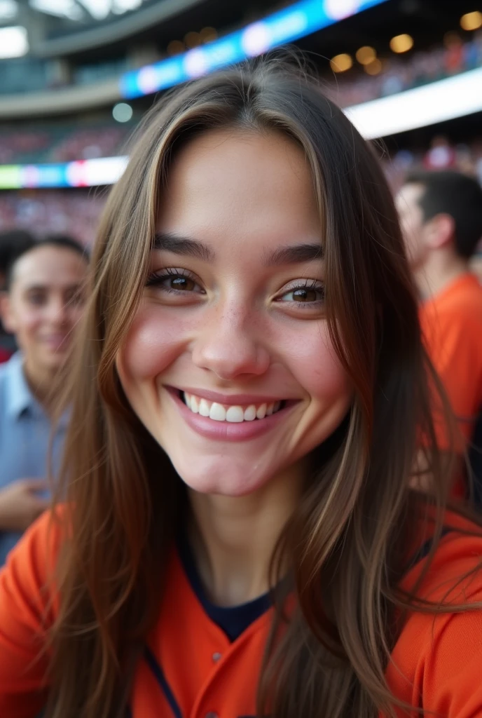 A brunette girl selfie, close up, straight hair, st Houston Astros game