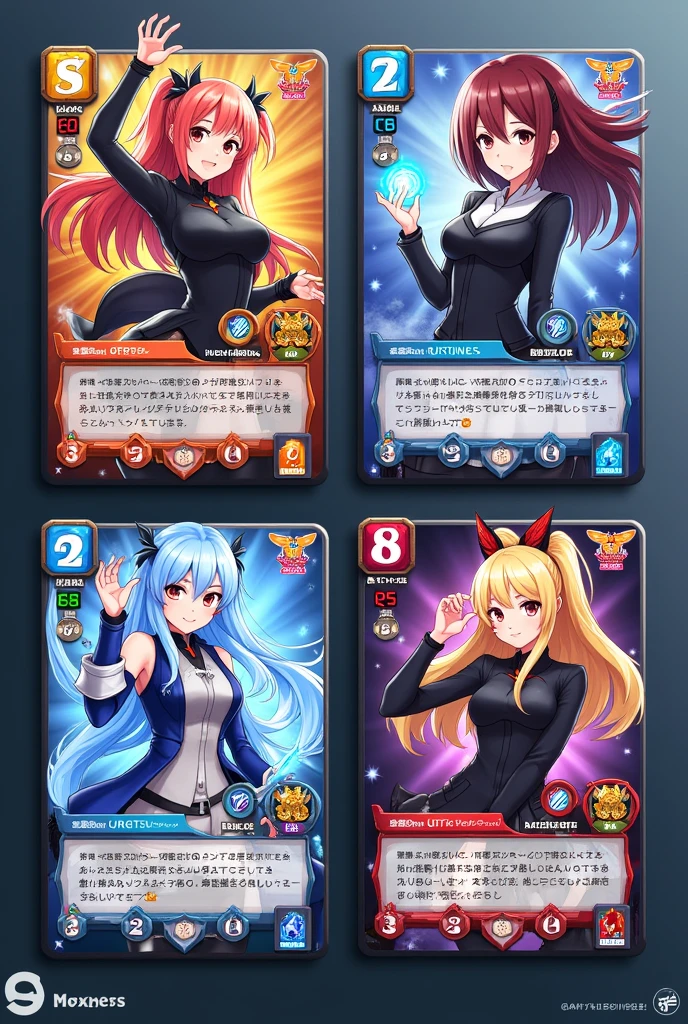 Create an image containing four cards for an anime card game, based on the following layout and visual example:
Character Image: In the center of each card, insert a detailed and colorful illustration of an anime character, with a striking look and in a dynamic pose, maintaining a realistic and vibrant art style.
Character's Name: Place the character's name at the top of the card, using a stylized font that matches the anime theme.
stats:
Attack: Place a box or icon in the top left corner for the attack value. Make the design visually distinct and easy to read.
defense: Melhore a posição do valor de defense, Like for example, centering it in the bottom left with a clear icon and design that highlights that statistic.
life: Adjust the health value to be in the bottom right corner, ensuring that the display is intuitive and eye-catching, with an icon that reinforces its importance.
Special ability: Improve the way special ability name and description are presented, perhaps highlighting the skill in the upper right corner with a different background that makes it easier to read and highlights its relevance.
Design and Style: The overall layout of the cards should have a stylized cartoon look., avoiding common patterns from other games. Use vibrant colors and graphic elements that complement the character art. Make sure the attack points, defense, life and special ability are organized clearly, harmonious and visually appealing.
Composition: Arrange the four cards so that each one is clearly visible and distinct in the image., ensuring an attractive and functional composition for an anime card game.