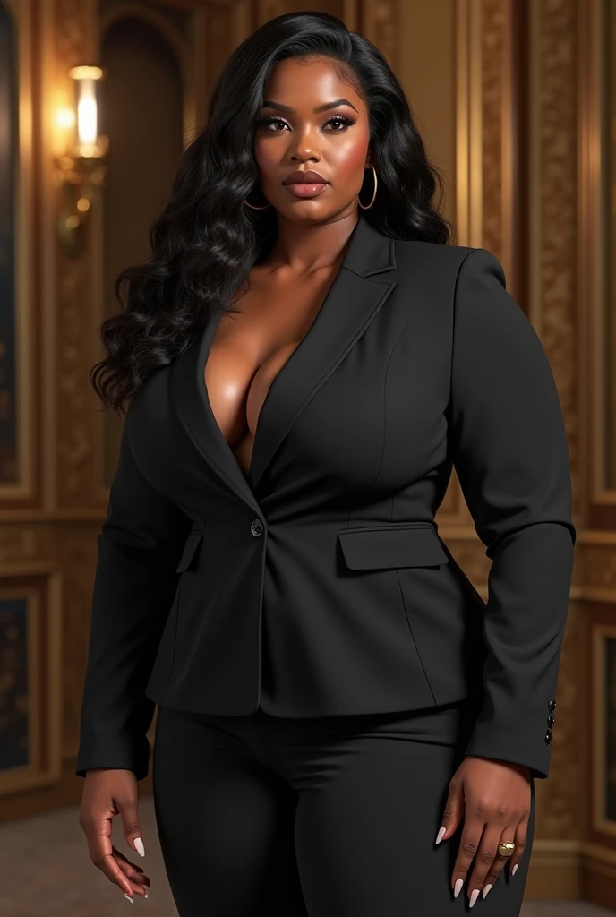 amazing beautiful super muscular body builder model milf,A body that looks like its clothes will burst with muscles,Create a high-resolution realist 3d image of a dark skin toned melanin elegant woman with a findom dominant and commanding persona and Prescence wearing luxurious attire, such as a tailored suits or designer dress, and posed in a confident stance. full body tall and plus size curvey body 5'9 265 lbs This mage should exude power, control, and sophistication, with a hint of mystery. the back ground is lavish hight rise office or a luxurious richly decotated tool reflecting wealth and power