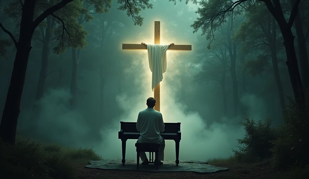 A serene scene of a male pianist playing a grand piano in the midlle of forest with jesus hug the pianist from behind, The image depicts a powerful scene with a solitary wooden cross, standing majestically atop a platform surrounded by swirling mists. A white cloth is draped over one arm of the cross, catching the light from within the structure, which shines outward, piercing the surrounding darkness. The atmosphere is ethereal and mystical, set against a backdrop of a dark, stormy sky, suggesting a moment of divine significance or spiritual revelation. The overall mood is solemn and awe-inspiring, evoking a sense of reverence and mystery.