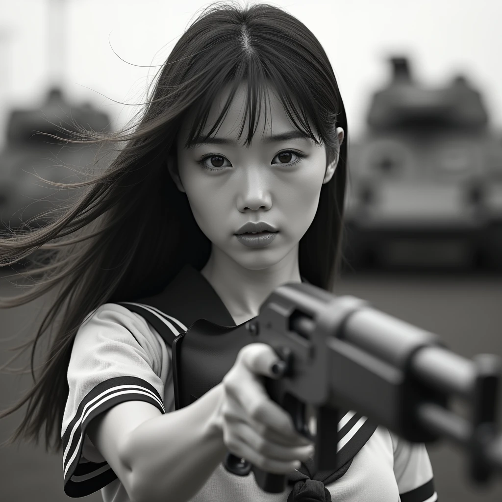 Realistic, Beauty Sniper, Photorealistic, Highly realistic photos, (Has an assault rifle:1.21), (Assault rifle held diagonally upwards:1.21), Anatomically correct5Finger, Black and white photography:1.37, Black and White Photography:1.37, from side:1.21, Above the knee shot, Close your lips, Portrait of a Japan woman:1.21, School uniforms, Sailor uniforms from famous Tokyo Metropolitan High Schools, Short sleeve clothing, Short-sleeved sailor uniform:1.21, sera fuku:1.21, The upper body is wearing a uniform:1.21, Brown Hair, Straight Long Hair, Beautiful hair blowing in the wind, Background with tanks, (A tank is parked behind:1.21), (Patton tank:1.21), Students in the 1970s, Cute Japanese woman's face:1.21, Beautiful Japanese woman face:1.21, Sharp eyebrows:1.37, Anxious face, White skin:1.21, Fine skin, Glowing Skin:1.21, Serene monochrome photography, レトロなBlack and white photography, Dynamic and cinematic lighting,