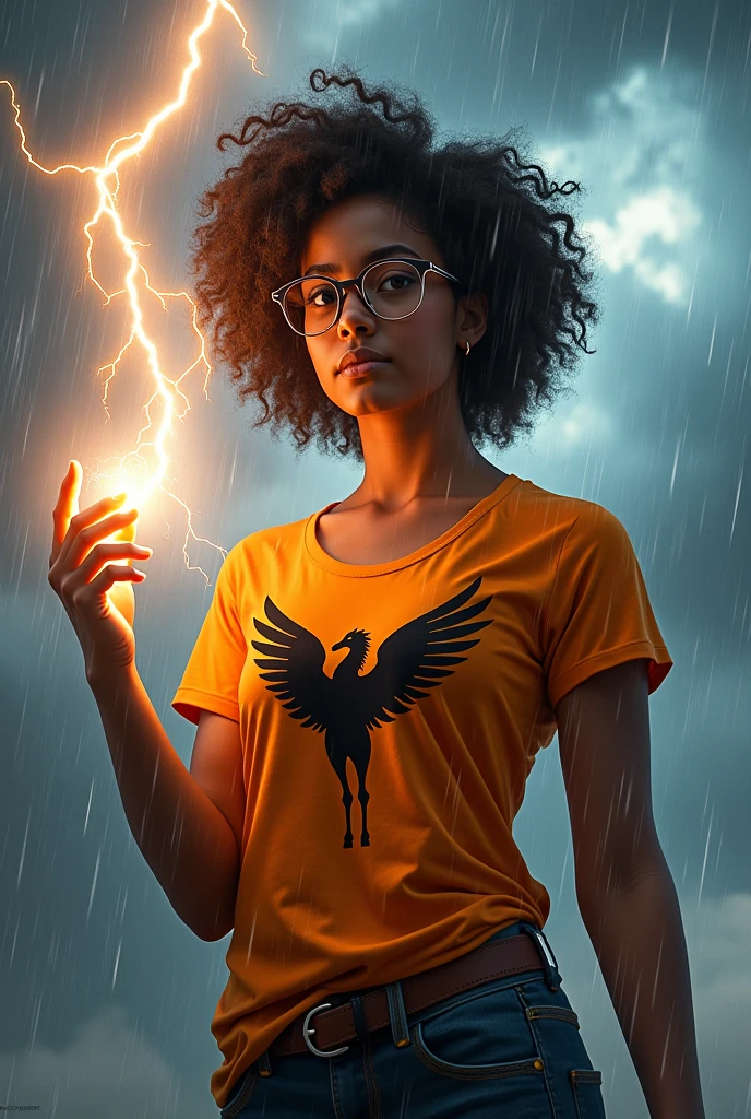 Daughter of Zeus demigoddess brown skin curly hair wearing glasses brown eyes orange t-shirt black Pegasus symbol in the rain and lightning thunder holding a lightning bolt