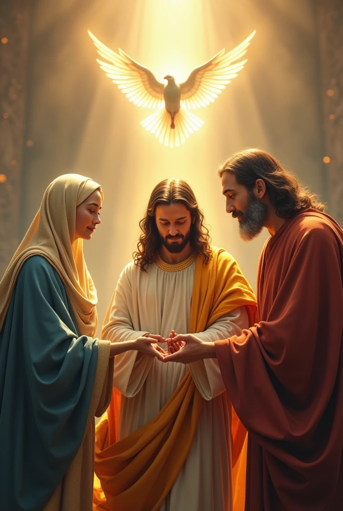 Make me a photo of mother mary, holy spirit, god father, jesus, Very realistic, photo taken using a Nikon camera
