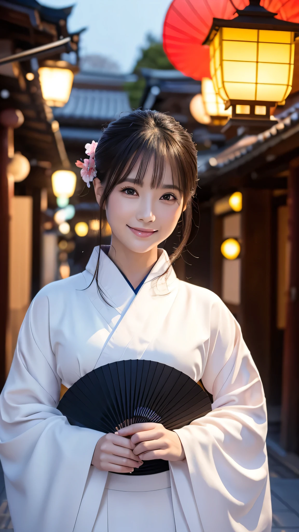 (Super beautiful woman in kimono)、((highest quality、8K masterpiece:1.3))、sharp focus:1.2、(super beautiful face:1.0)、(shiny skin:1.0)、realistic pictures、black hair、video lighting、High resolution eyes and face、video lighting、japanese actress、from the front、with a happy smile、whole body、wearing a kimono、in Kyoto、(luxury obi)、with a fan、Fireworks Display