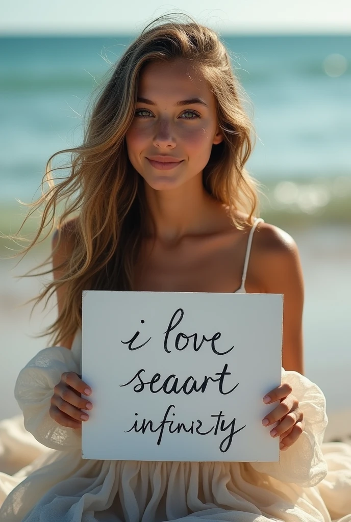 Beautiful girl with wavy long hair, bohemian dress, holding a white board with text "I Love Seaart Infinity" and showing it to the viewer