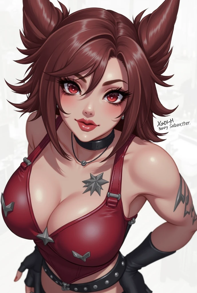 League of Legends' Xayah wearing metalhead clothing in a bar, sexy, big breasts, sexy, Brown