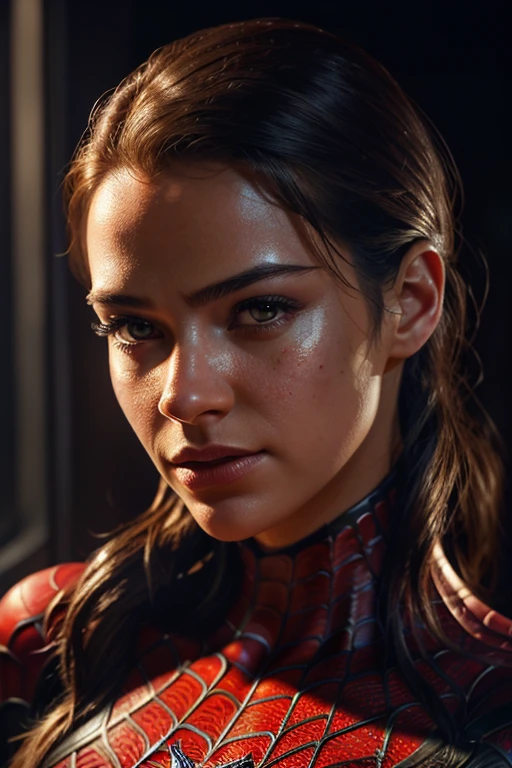 a beautiful detailed female spiderman closeup portrait,ultra detailed skin texture,extremely detailed body,atmospheric scene,cinematic lighting,dramatic shadows,vibrant colors,photorealistic,masterpiece,best quality