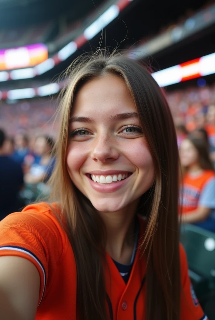 A brunette girl selfie, close up, straight hair, st Houston Astros game