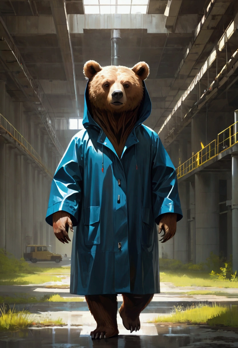 A brown bear wearing a raincoat,Mid-shot，whole body， more details,More Shadows Exploring an Abandoned Nuclear Facility,Move carefully,Nuclear storage tanks everywhere