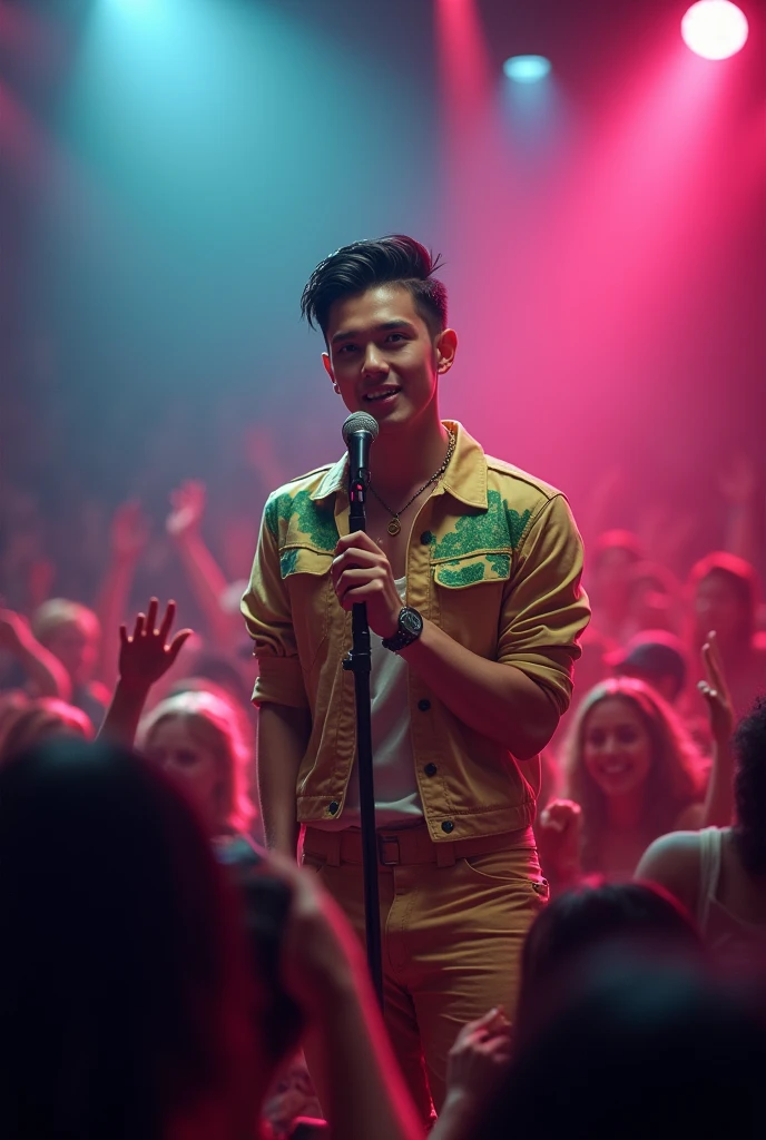 handsome singer, latino. 2, body healed. Extremely stylish . roupa moderna. greeneyes . slicked black hair. A modern colorful outfit. She is on stage singing for her fans.