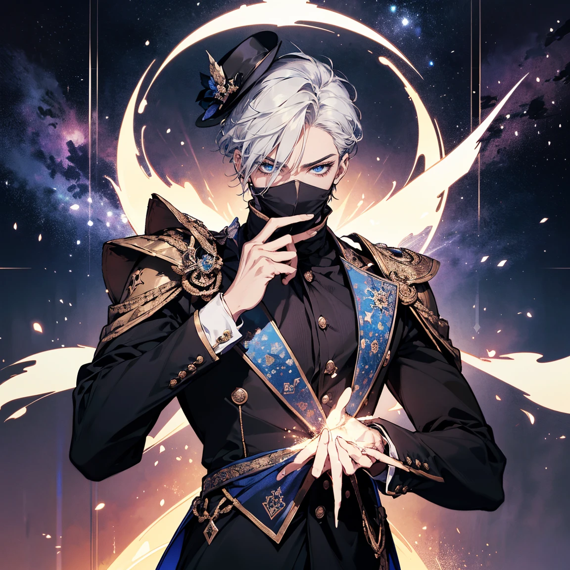 The Magician Tarot cards, (Young man, 1 man,short white hair, adult, handsome, Delicately detailed blue eyes and a detailed face., The demonic eyes stared at him., A mysterious mask covers his face., Best shots,special, (Broad shoulders)) (muscle),,night sky, Wear a black top hat.((มีTarot cardsประดับหมวก)),Stand with one arm extended and pointing towards the universe., and the other pointing down to the word. His positioning represents his connection between the spiritual realms and the material realms. The magician uses this relationship to create and manifest his goals in the physical realm.. He is the conduit for energy transformed into matter.. The magician's robe is white., It is a symbol of purity., And his coat was black., เป็นตัวแทนประสบการณ์และความรู้ทางword. บนโต๊ะตรงหน้าเขามีสัญลักษณ์สี่ชุดของTarot cards นั่นคือ ถ้วย, five pointed star, Sword and Wand – Each symbolizes one of the four elements – Water., word, air and fire. It's also a sign that he has all the tools. (and components) He needed to make his intentions known.. Overhead is an infinity symbol., And there was a snake biting its own tail around the waist. It was a sign that he could reach his limitless potential.. And the foreground was filled with all kinds of leaves and flowers., It symbolizes the blossoming and fruition of his ideas and aspirations..), Tarot cards, snake, spirit, The atmosphere is gloomy., Detailed lines, cinema, Black paper with colorful lines, luxurious, symmetrical, Tarot cards, Highly detailed, ink illustration, Peter Mohbacher's style, golden ratio, 4K ( By Alessandro Gottardo Victo I )