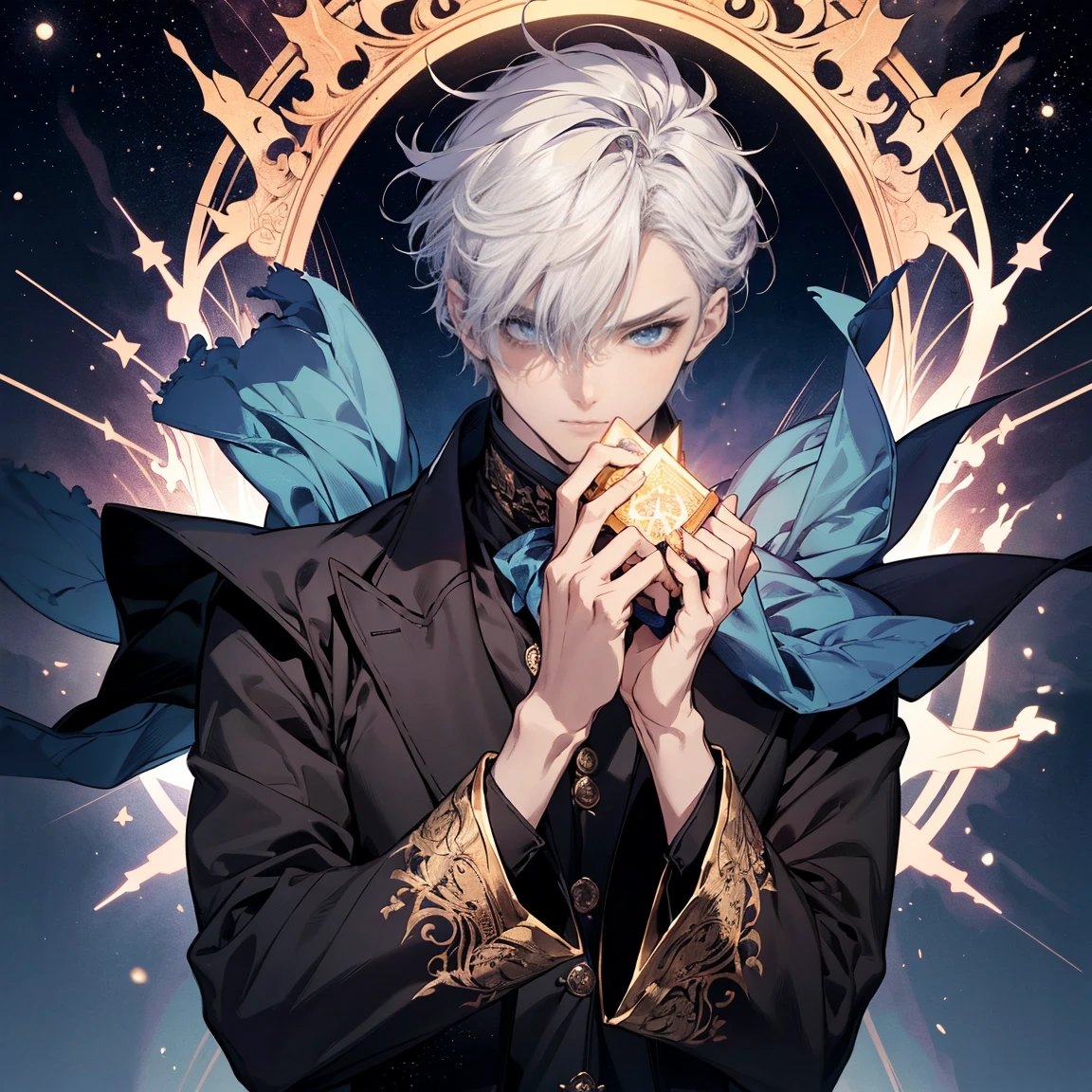 The Magician Tarot cards, (Young man, 1 man,short white hair, adult, handsome, Delicately detailed blue eyes and a detailed face., The demonic eyes stared at him., A mysterious mask covers his face., Best shots,special, (Broad shoulders)) (muscle),,night sky, Wear a black top hat.((มีTarot cardsประดับหมวก)),Stand with one arm extended and pointing towards the universe., and the other pointing down to the word. His positioning represents his connection between the spiritual realms and the material realms. The magician uses this relationship to create and manifest his goals in the physical realm.. He is the conduit for energy transformed into matter.. The magician's robe is white., It is a symbol of purity., And his coat was black., เป็นตัวแทนประสบการณ์และความรู้ทางword. บนโต๊ะตรงหน้าเขามีสัญลักษณ์สี่ชุดของTarot cards นั่นคือ ถ้วย, five pointed star, Sword and Wand – Each symbolizes one of the four elements – Water., word, air and fire. It's also a sign that he has all the tools. (and components) He needed to make his intentions known.. Overhead is an infinity symbol., And there was a snake biting its own tail around the waist. It was a sign that he could reach his limitless potential.. And the foreground was filled with all kinds of leaves and flowers., It symbolizes the blossoming and fruition of his ideas and aspirations..), Tarot cards, snake, spirit, The atmosphere is gloomy., Detailed lines, cinema, Black paper with colorful lines, luxurious, symmetrical, Tarot cards, Highly detailed, ink illustration, Peter Mohbacher's style, golden ratio, 4K ( By Alessandro Gottardo Victo I )