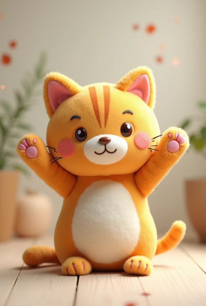 A stuffed cat waves goodbye.