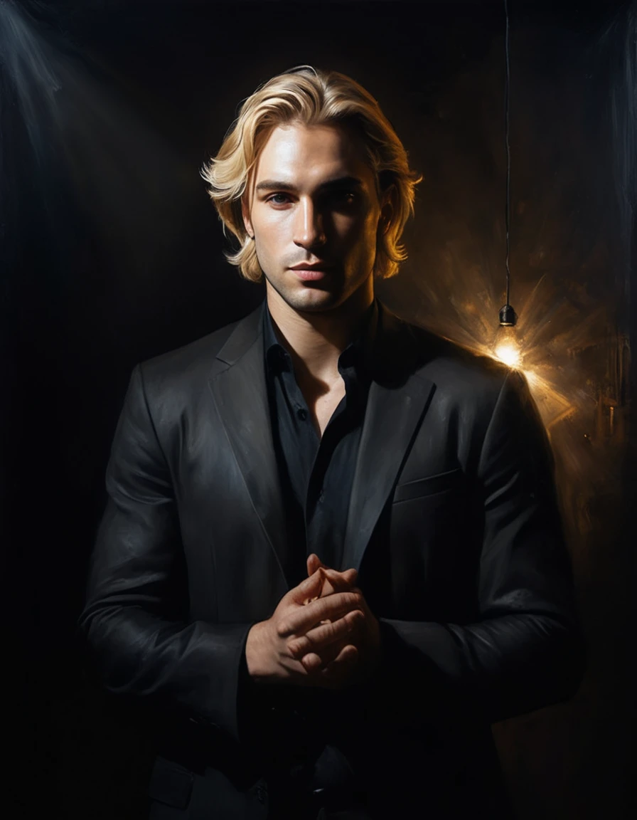painting of a handsome man, blond, dark atmosphere, cinematic scene, volumetric lights, ultra realistic, in the style of nicola samori
