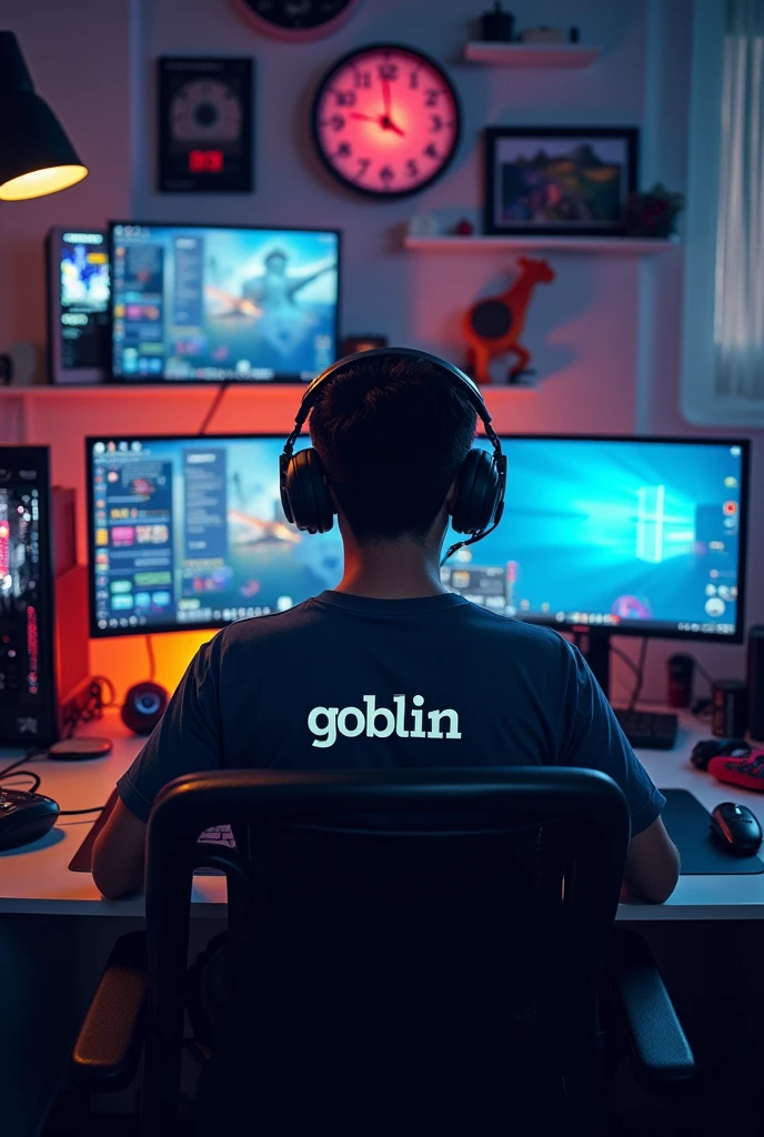 A gamer sitting on his gaming setup and " GOBLIN.. " written on its shirt