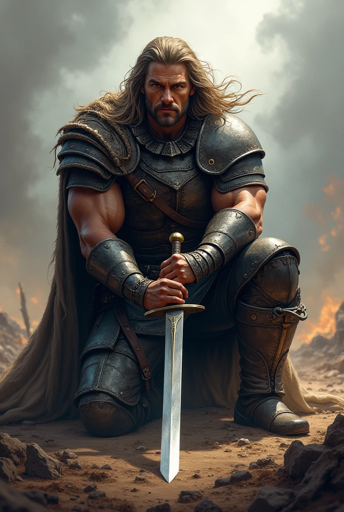 A brave male warrior with long
hair
well built body, he wear a armour and sitting in a battle field on his knees with his long sword