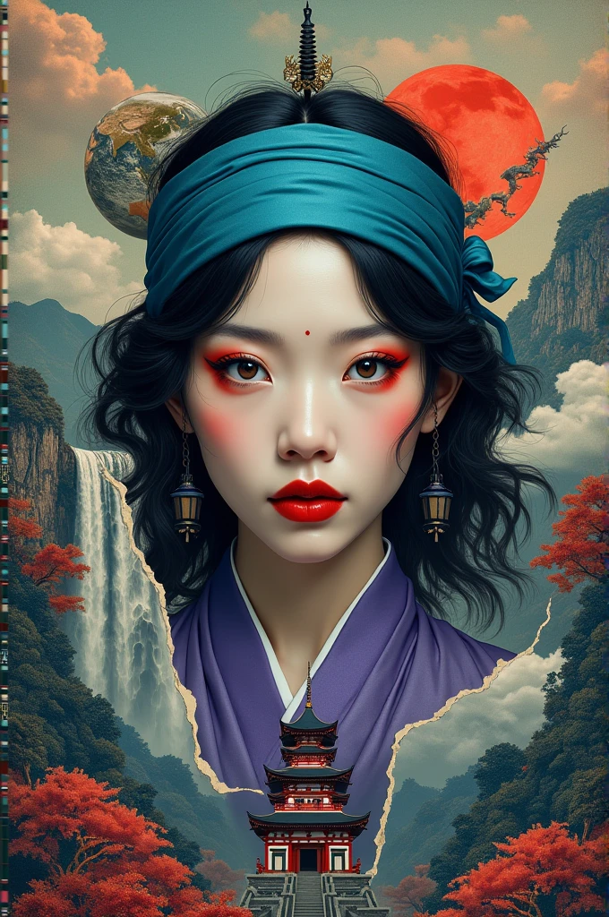Torn curtain paper, fractal, asymmetric hexagon black and black gold, large close up photography of a Japanese Medusa woman in green granite marble pinsi in blue bandana with purple Baroque corset shawl, with red lipstick, standing facing the camera, rivers and natural landscapes, waterfall, mountain , thousand islands, pagoda,temple, planet earth indonesia,geometrical analytical geometry on the wall with structure ornaments made of metallic silver metal with explosion ink flow effect as a dark cherry blossom background with droste style